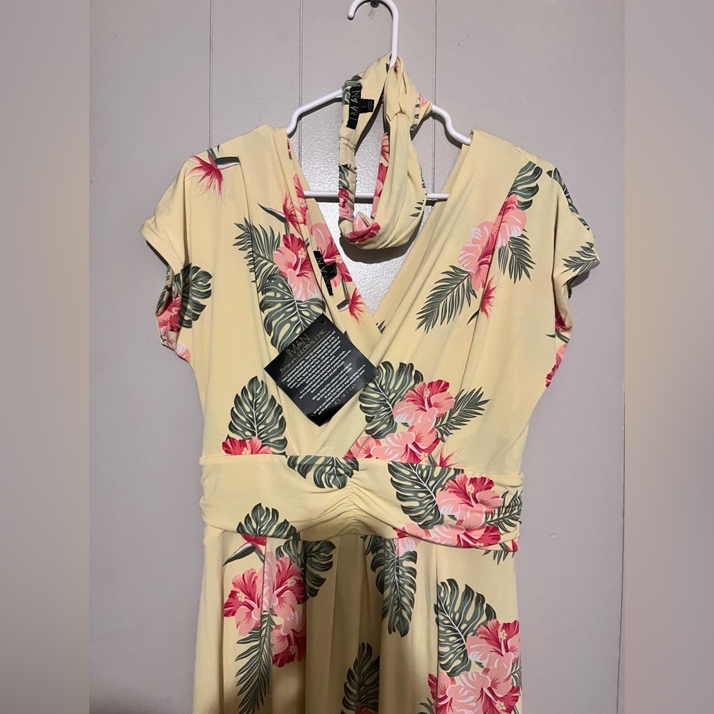 IMAN Miami Yellow Dress with headband Pink and Green Floral